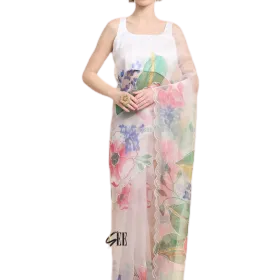 Daisy White Floral Printed Organza Saree