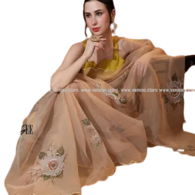 Beige Peach Floral Printed Organza Saree