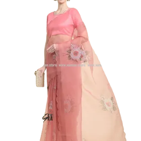 Cantaloupe Peach Floral Printed Organza Saree