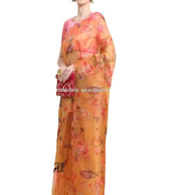 Rust Orange Floral Printed With Sequence Work Saree