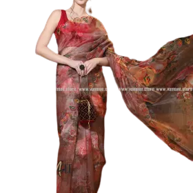 Brown Multicolor Floral With Gotawork Saree