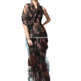 Bright Black Embroidered Floral Printed Organza Saree