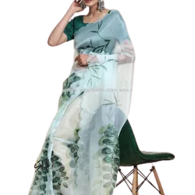 Pistachio Green Leaf Printed Organza Saree