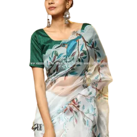 Pearl White Digital Printed Organza Saree
