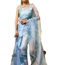 Sky Blue Floral Organza Saree
