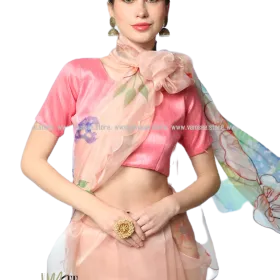 Light Peach Floral Printed Organza Saree
