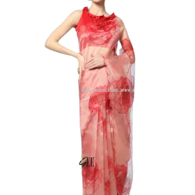 Peach And Red Floral Printed Organza Saree