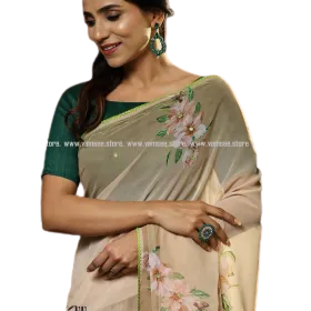 Cream Floral Printed Saree With Piping Border