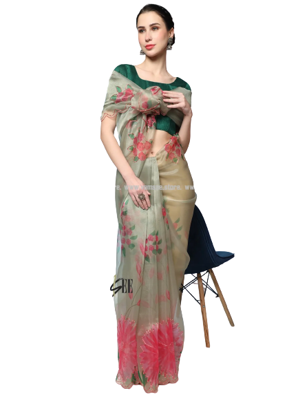 Green Digital Floral Print With Gotawork Organza Saree