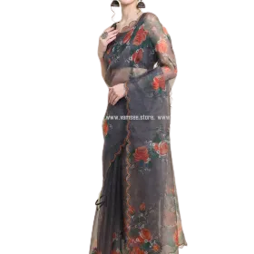 Black Floral Printed And Gotawork Organza Saree