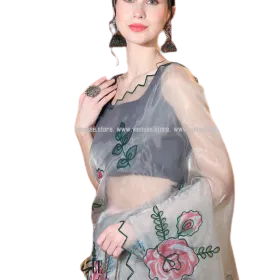 Frostine White Floral Printed Organza Saree